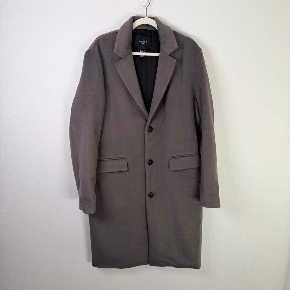 Forever 21 Men Soft Gray Long Trench Overcoat Jacket Size Large Crest Buttons